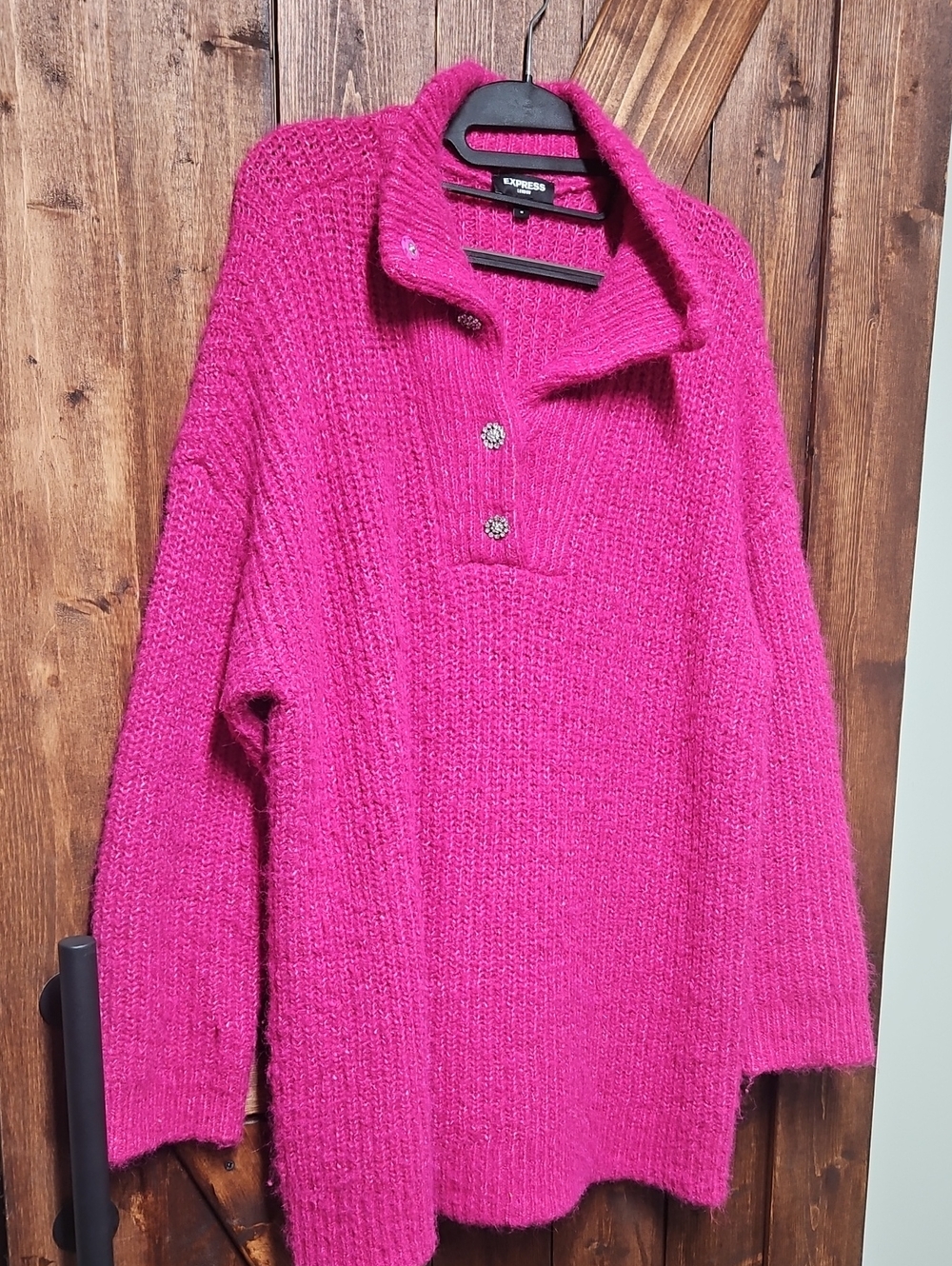Express Women's Bright Fuchsia Knit Turtleneck Sweater with Button Placket